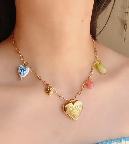 Handmade vintage cottage retro boho fairy coquette style quality material mix gold tone stainless steel necklace🩷