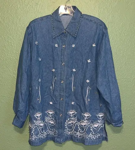 Vintage Floral Embroidered Denim Jacket or Shirt Blue Size XL
