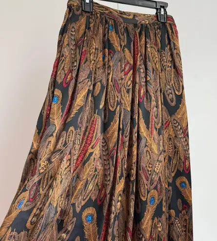 Linda Allard Ellen Tracy *Rare 100% Silk Maxi Skirt Feather Print Vintage Size 4 Black