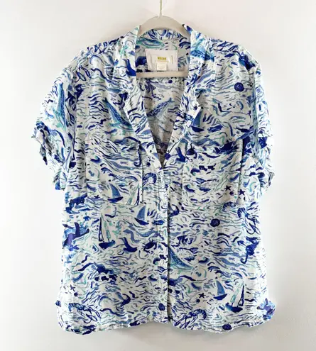 Maeve Anthropologie Short Sleeve Linen Blend Surf Shirt Blue XL