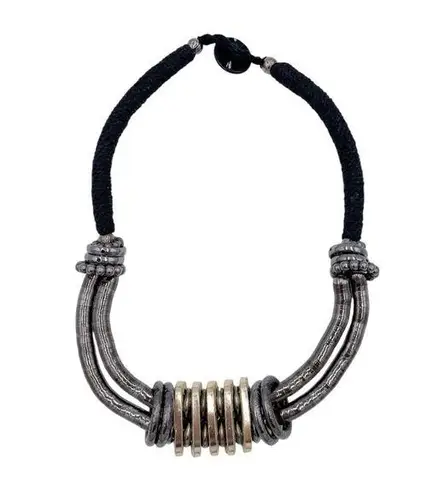 Vintage Metal Loop Black Cord Rope Statement Necklace Chunky Steampunk Brutalist