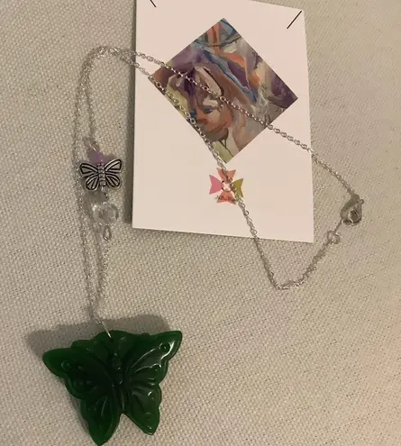 Butterfly Garden Green Jade Pendant & 8KGP Signed Chain