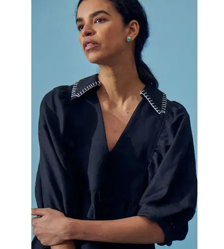 Hunter Bell Noah Black Poplin Collared V-Neck Puff Sleeve Mini Dress Small