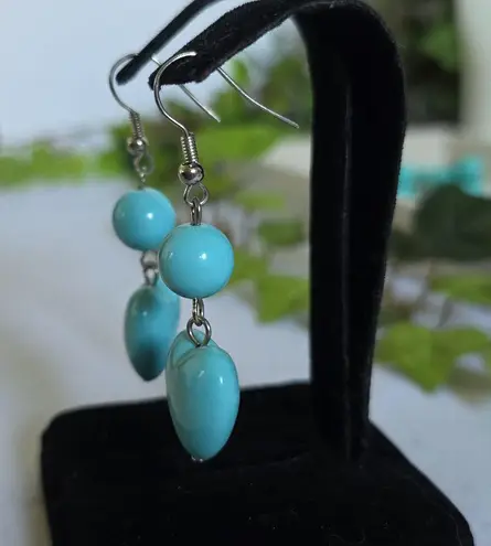 Boutique Silver and Turquoise Aqua Blue Acrylic Bead Puffy Heart Necklace Earrings Set