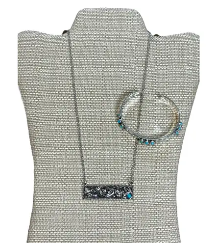 Turquoise Jewelry Set Western Necklace & Bracelet Silver Tone Adjustable New