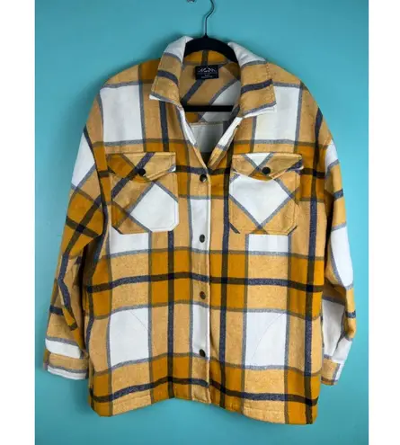 Women's HFX Oversized Plaid Flannel Shacket Jacket Mustard Yellow White Navy Gold