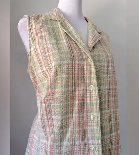 Erika Vintage ‘90s Peach & Green Plaid Collared Sleeveless Button Down Blouse