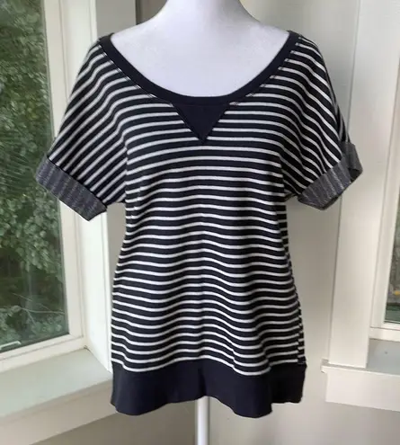 Hanes Navy and White Striped Short Sleeve Sweatshirt Size Small Blue