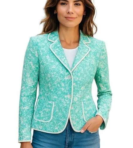 Oscar de la Renta OSCAR VINTAGE AQUA BLUE WHITE BLAZER JACKET CRYSTAL BUTTONS 8