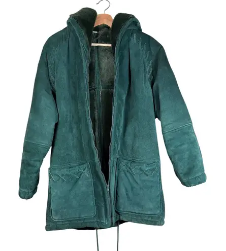 Vintage SYNERGY Womens Hunter Green suede Leather Hooded Winter Coat Jacket Size M