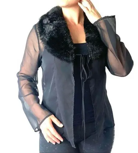 Y2K Faux Fur Collar Sheer Chiffon Tie Front Blouse Size Large Black