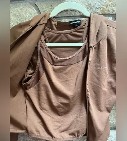 WAYDAMIN Sport 3 in 1 Set zip Up crop hoodie and leggings chocolate brown small