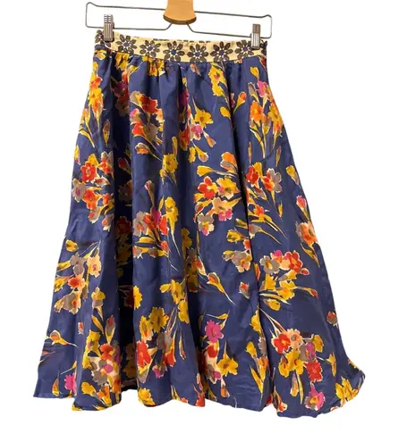 Edme & Esyllte Silk Floral Midi Skirt Colorful Cottagecore Bohemian Anthroologie Blue Size 4