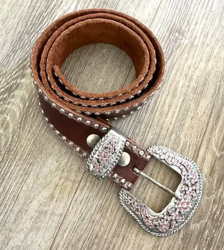 Leather Rock leather brown pink rhinestone belt