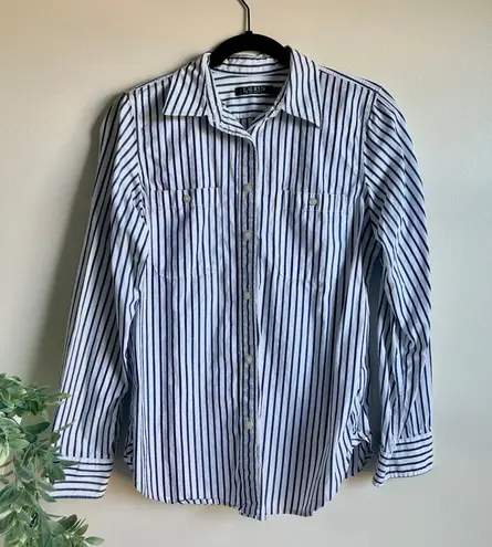 Ralph Lauren Lauren  100% Cotton White & Navy Blue Striped Button-Up Collared Shirt