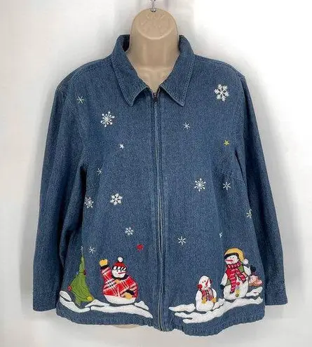 Fashion Bug Vintage  Blue Jean Christmas Snowman Zip Front Jacket Womens 14/16 W