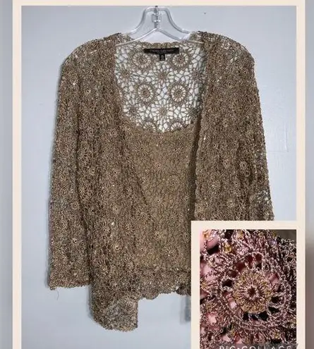 Carmen Marc Valvo Carmen Marc Vavlvo Tan 2Pc Crochet With Sparkly Beads Tank Top & Cardigan XL