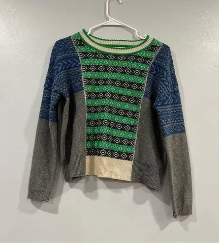 J.Crew  The Reeds Fair Isle Crewneck Wool Blend Colorblock Blue/Green/Gray XXS