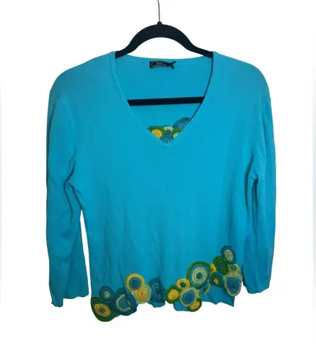 Lisa International Vintage Blue Crochet Hem Y2K Sweater Size L