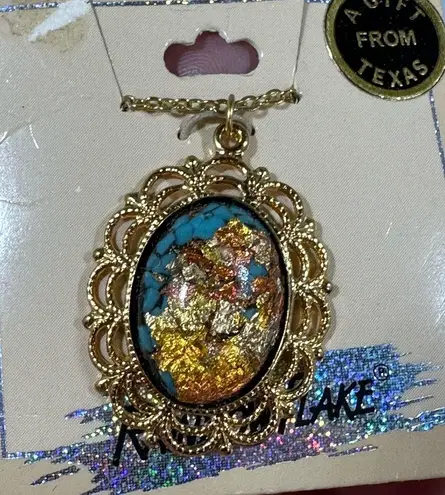 Vintage 14K GP Rainbow Flake Turquoise Pendant Necklace & Earrings Set Blue