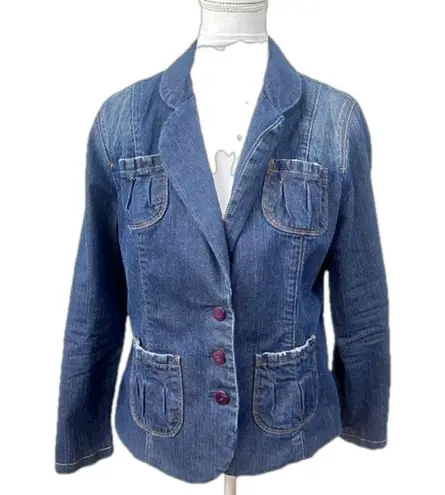 Denim Blazer 3 Button Boutique Front Pockets Western Large Boho Jacket Womens Blue