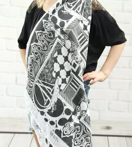 Vintage Deco Nouveau Verna Design B&W Square Cotton Scarf Black