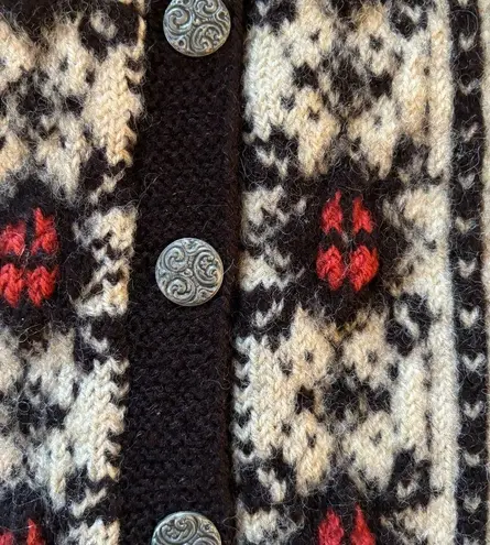 VTG Wool Chunky Knitted Cardigan Sweater M Black Cream Red Metal Scroll Buttons Size M