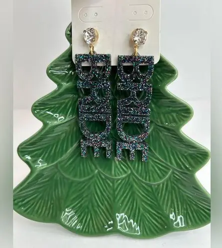 New BRIDE Earrings! glittered Acrylic Letters w rhinestones/gold toned setting Blue