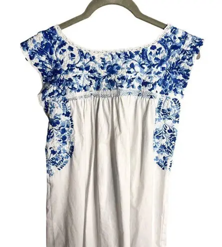 Mi Golondrina Flores Short Dress Cielo Mexicano Size XS White Blue Embroidered