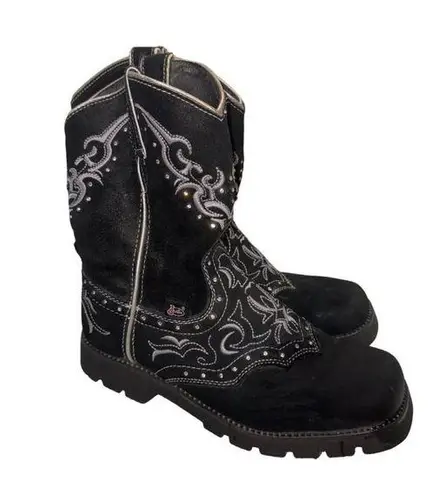 Justin  Western Cowgirl Boots Black Leather Rhinestones Embroidery 8B Square toe