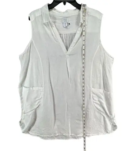 Sigrid Olsen Shirt Womens 1X White Linen Sleeveless V Neck Collared Pockets Top