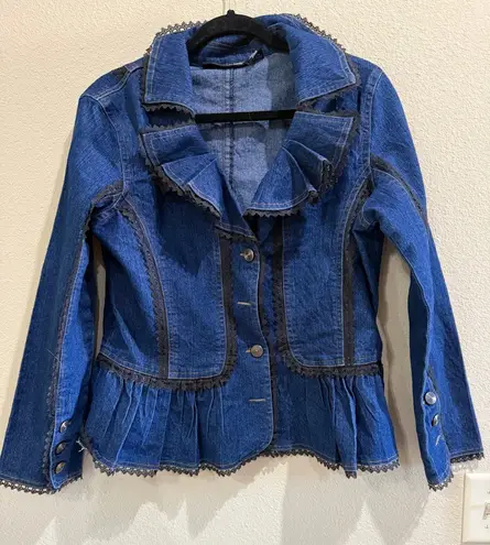 The Pyramid Collection Denim Jacket Lace Trim Ruffle Fitted Womens Large Blue