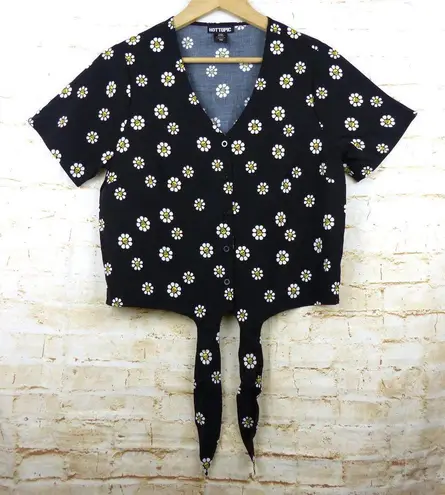 Hot Topic  Skull Daisies Tie Front Button Up Shirt Womens S Black Goth Grunge 90s