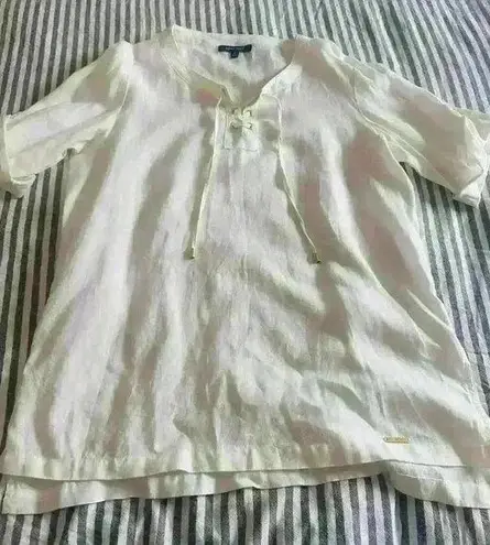 Ellen Tracy Tops Women L Linen White Lace Up Classic top