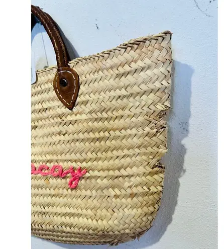 POOLSIDE Woven Straw Open Tote Pink “VACAY” Text Leather Handle Tote Purse