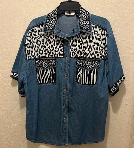 Vintage Jean shirt zebra Animal Print Denim Shirt Blue Size XL
