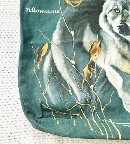 Yellowstone Vintage 90s Full Hunting Wolf In Leaves Green Canvas Souvenir Tote