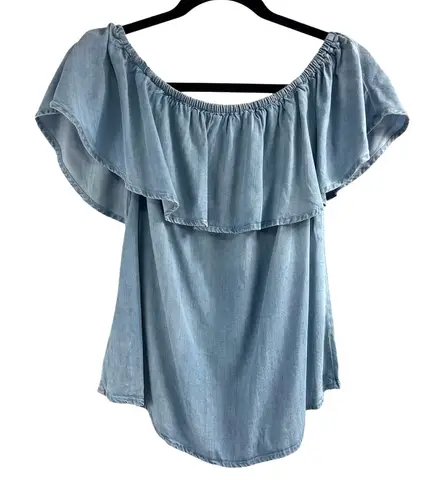 Evereve Allison Joy Chambray Flounce Top Size S Stretch Ruffle Romantic Casual
