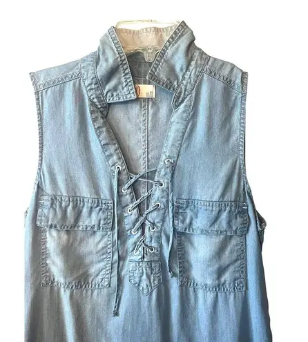 SO  Brand DENIM DRESS Womens XS Sleeveless Criss Cross Tie Front Pockets Collar