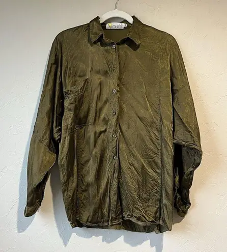 vintage laurel escada Green Shinny Button Up Top Boho Metallic Blouse Size 6