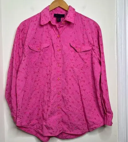 Denim & Co Vintage Pink Embroidered Button Down Shirt Women’s Sz Large Oversized