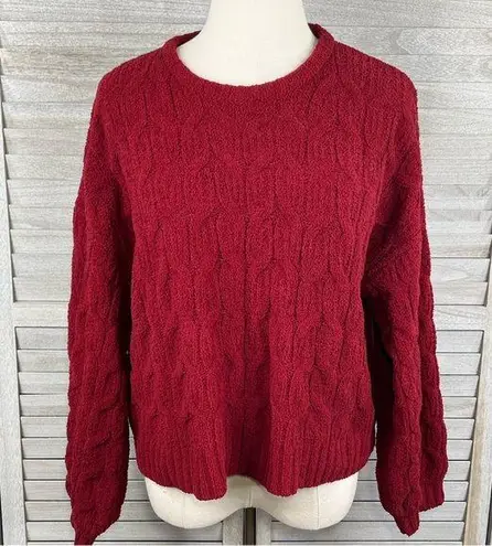 The Moon  & MADISON Chenille Crewneck Cable Knit Cropped Sweater Red-Medium