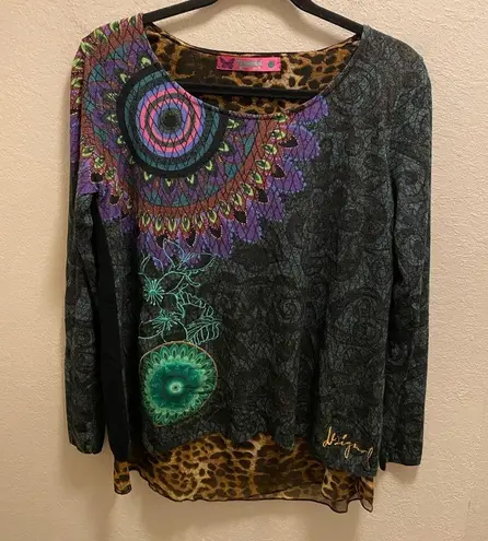 Desigual Artsy Mixed Media Animal Print Long Sleeve Layered Blouse Size M