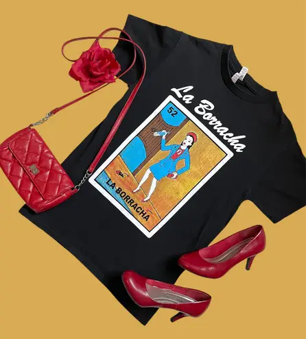 Mexican bingo loteria la borracha drunk lady novelty short sleeve tee Black