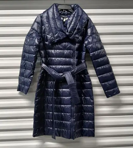 via spiga Asymmetrical Belted Puffer Coat Women's Medium Blue Winter Jacket