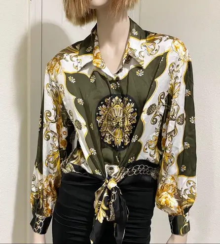 Soho NYC Green/Gold Scarf Print Front Tie Blouse S