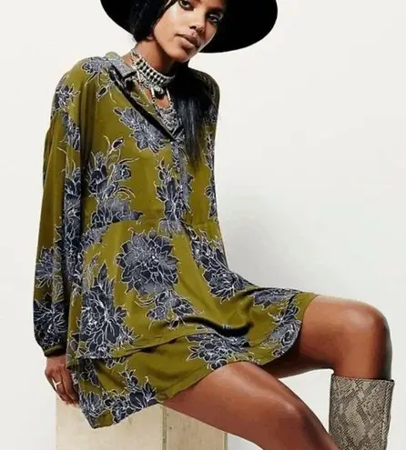 Free People  Shake It Olive Green Black Floral Long Sleeve Mini Dress Large