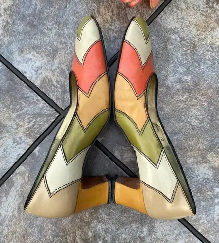 Vintage Mid Century Disco Square Toe Colorblock Leather Pumps Heel 9.5 MCM Retro Orange