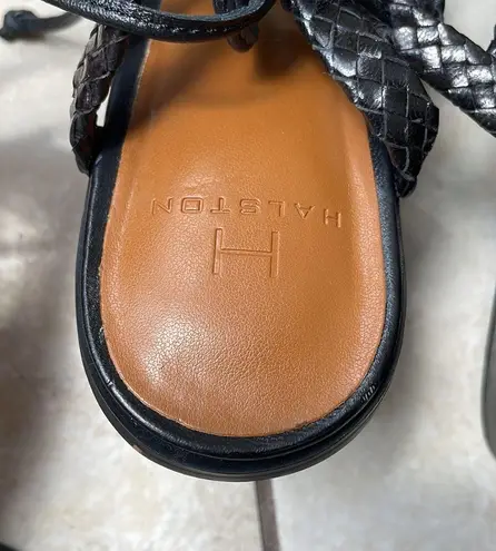 H by Halston 7.5 Halston Piper Strappy Block Chunky Sandal Heels Black Leather Braided