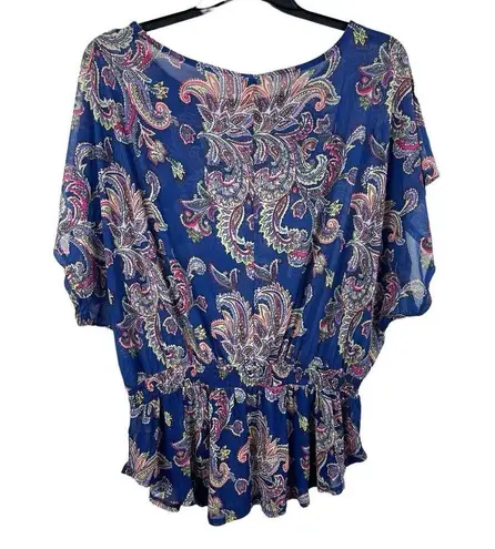 Pure Energy Soft Mesh Blue Pink Paisley Elastic Waist Dolman Sleeve 2x Top